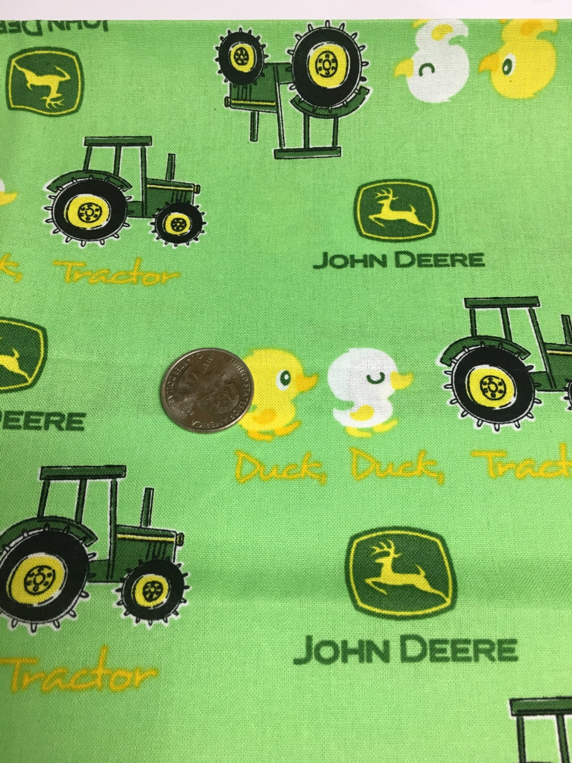 Green John Deere Licensed Print Duck, Duck, Tractor Cotton Fabric Yardage -  43\, image size:1125x1500