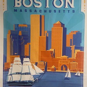 May include: A graphic art print of the Boston, Massachusetts skyline featuring tall skyscrapers in shades of orange, yellow, and blue. A large sailing ship with white sails is in the foreground on blue water, with two smaller sailboats nearby.