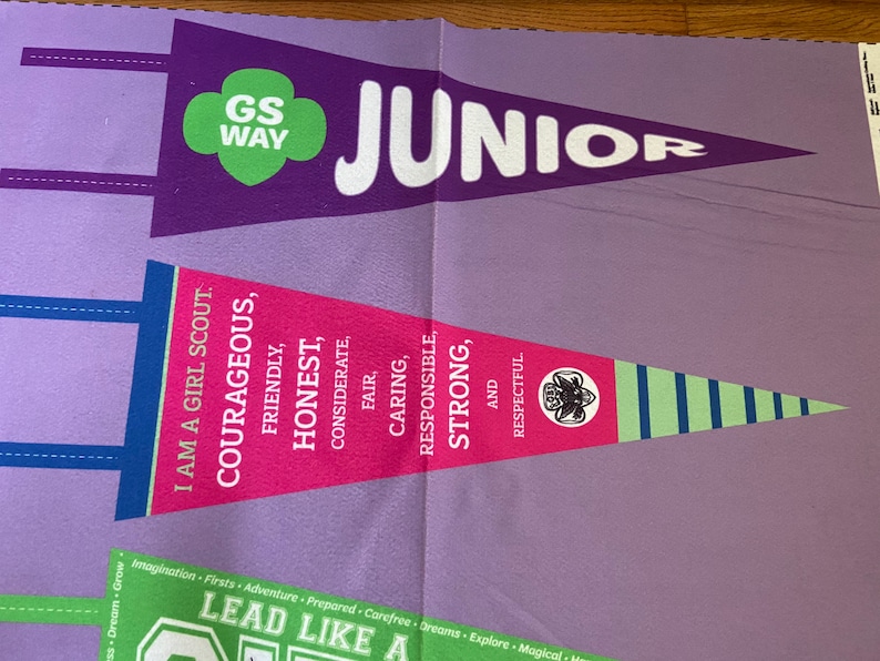 May include: A purple and green pennant with the text "GS WAY JUNIOR" and the words "I am a Girl Scout. Courageous, Friendly, Honest, Considerate, Fair, Caring, Responsible, Strong, and Respectful."