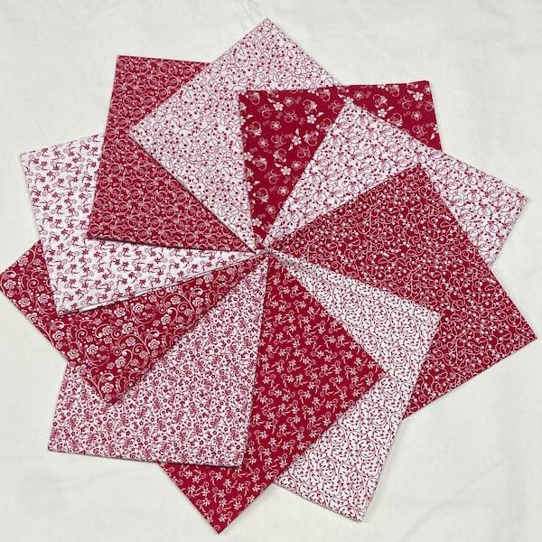 Red and White 10 Floral Cotton  Bundle Fat Quarter Half Yard and Yard Selection Quilting Sewing Assortment