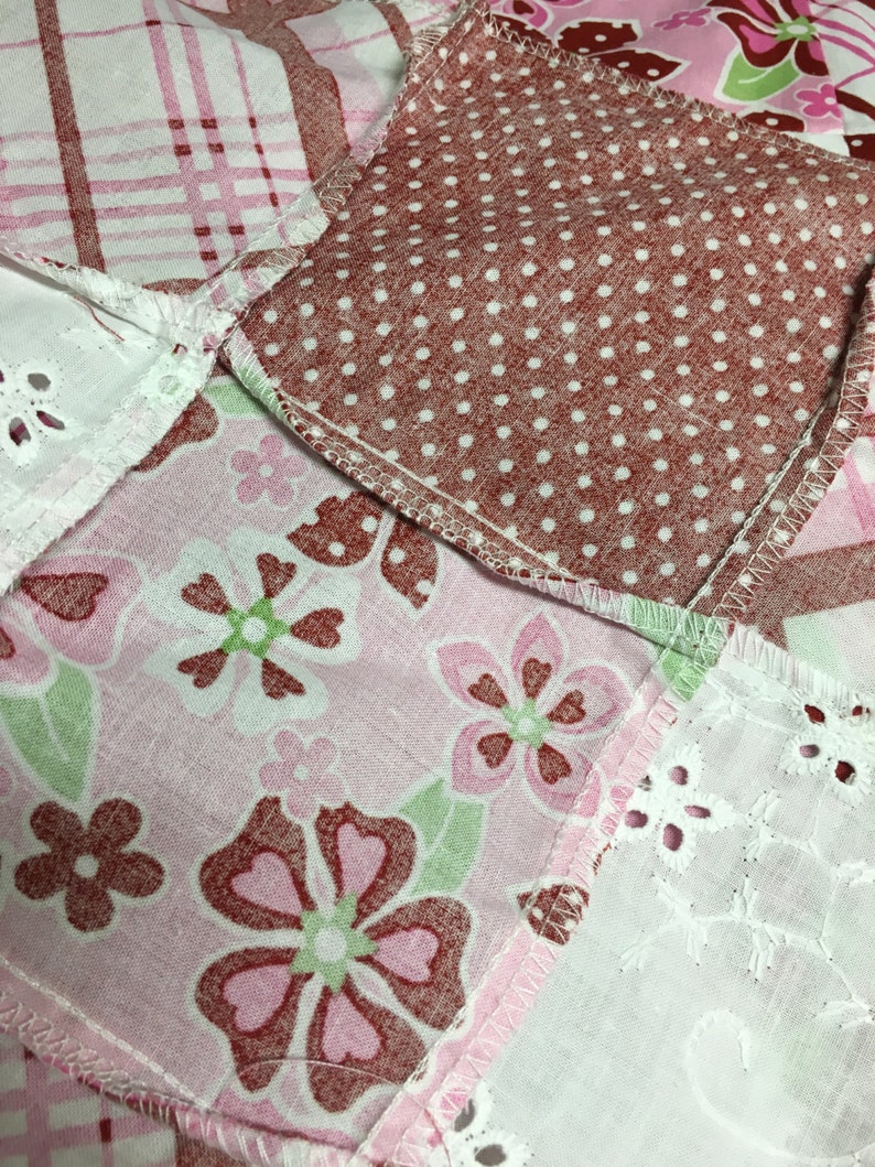 Hand Pieced Patched Red, Pink, and White Block Quilt Cotton Fabric Yardage image 3