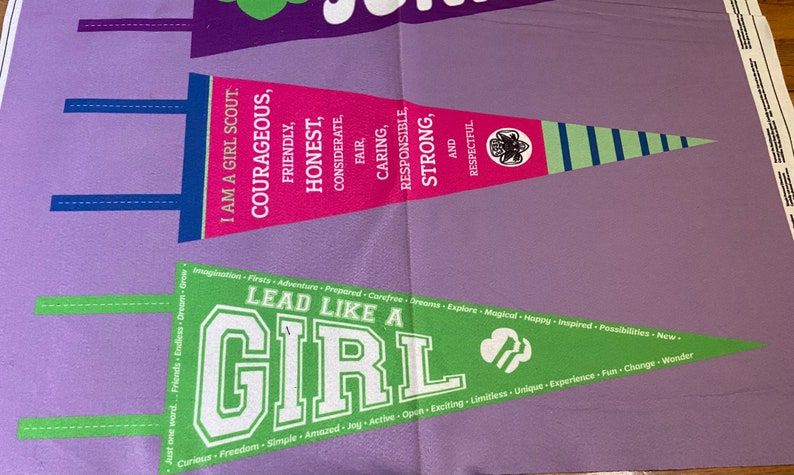 May include: A green and white pennant with the text "Lead Like A Girl" and the Girl Scout logo. The pennant is hanging on a purple background with a pink pennant above it. The pink pennant has the text "I am a Girl Scout" and lists the Girl Scout values: Courageous, Friendly, Honest, Considerate, Fair, Caring, Responsible, Strong, and Respectful.