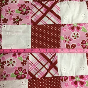 Hand Pieced Patched Red, Pink, and White Block Quilt Cotton Fabric Yardage image 1