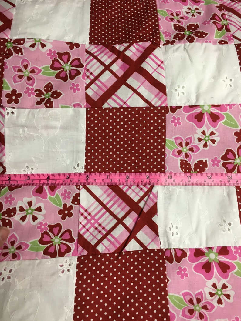 Hand Pieced Patched Red, Pink, and White Block Quilt Cotton Fabric Yardage image 1