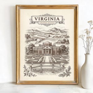 May include: Framed vintage-style print of Virginia, United States. The black and white illustration features a landscape with a grand building, gardens, mountains, and the word "VIRGINIA" in a banner. The print is in a gold-colored frame.