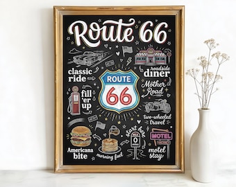 USA Route 66 Shield Art, Canvas or Poster, Whimsical Doodle Decor, Living Room Game Room Home Bar Wall Art, Black Red White Blue Pink Yellow