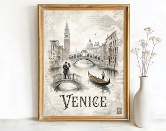Venice Italy Rialto Bridge Art, Canvas or Poster, Ink Wash Decor, Living Room Bedroom Dining Wall Art, Beige Black Gold Grey Black and White