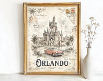 Orlando Florida Cinderella Castle Art, Canvas or Poster, Vintage Travel Deco Decor, Living Room Vacation Home Guest Room Wall Art, Blue