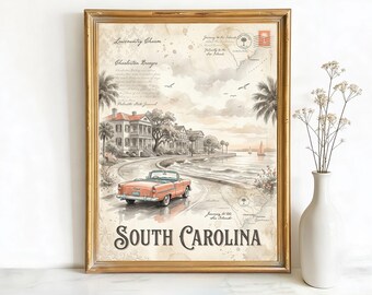 Charleston South Carolina Historic Mansions on the Battery Art, Canvas or Poster, Vintage Travel Deco Decor, Living Room Entryway Wall Art,
