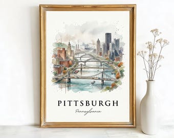 Pittsburgh Pennsylvania Fort Pitt Bridge Art, Canvas or Poster, Ink Watercolor Sketch Decor, Living Room Office Entryway Wall Art, Blue Grey