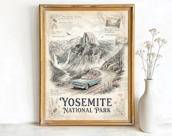 Yosemite National Park California Half Dome Art, Canvas or Poster, Vintage Travel Deco, Living Room Vacation Home Entryway Wall Art, Grey