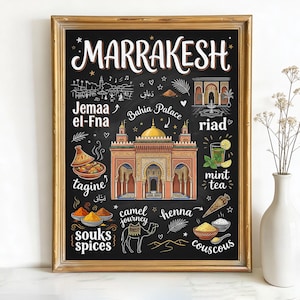 May include: A framed chalkboard-style print with the word "Marrakesh" in white script. The print features illustrations of Moroccan landmarks, food, and spices, including Jemaa el-Fna, Bahia Palace, tagine, and couscous. The frame is gold.