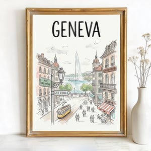 May include: A framed print featuring a watercolor illustration of Geneva, Switzerland. The artwork includes the city's name, a street scene with a yellow tram, buildings, and the Jet d'Eau fountain. The frame is gold.