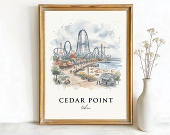 Cedar Point Ohio Roller Coasters Art, Canvas or Poster, Ink Watercolor Sketch Decor, Vacation Home Airbnb Living Room Wall Art, Blue Grey