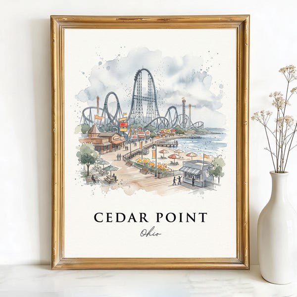 Cedar Point Ohio Roller Coasters Art, Canvas or Poster, Ink Watercolor Sketch Decor, Vacation Home Airbnb Living Room Wall Art, Blue Grey