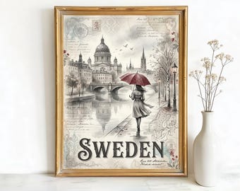 Stockholm Sweden City Hall Art, Canvas or Poster, Vintage Travel Deco Decor, Living Room Bedroom Entryway Wall Art, Beige Black White Red