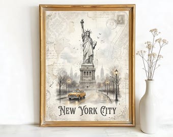 New York USA Statue of Liberty Art, Canvas or Poster, Vintage Travel Deco Decor, Living Room Entryway Office Wall Art, Beige Black Cream
