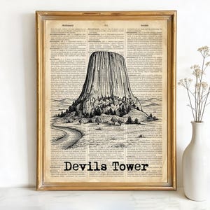May include: Framed print featuring a black and white illustration of Devils Tower on a vintage dictionary page. The artwork includes a winding road and trees, with the words "Devils Tower" at the bottom. The frame is a warm gold color.
