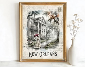 New Orleans Louisiana Antebellum Mansion Art, Canvas or Poster, Vintage Travel Deco Decor, Living Room Bedroom Entryway Wall Art, Green