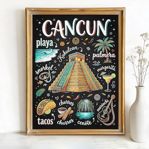 May include: A framed chalkboard-style print with the word "CANCUN" at the top. The print features illustrations of a pyramid, beach, margarita, and other icons associated with Cancun, Mexico. The frame is gold.