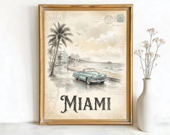 Miami Florida South Beach Pier Art, Canvas or Poster, Vintage Travel Deco Decor, Living Room Vacation Home Bedroom Wall Art, Beige Teal Blue