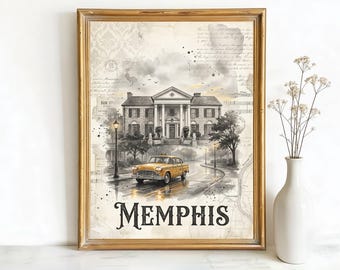 Memphis Tennessee Graceland Mansion Art, Canvas or Poster, Vintage Travel Deco, Living Room Bedroom Vacation Home Wall Art, Black White Gold