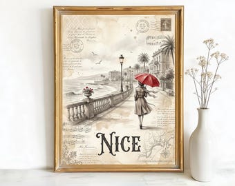 Nice France Promenade des Anglais Art, Canvas or Poster, Vintage French Postcard Decor, Living Room Vacation Home Entryway Wall Art, Blue