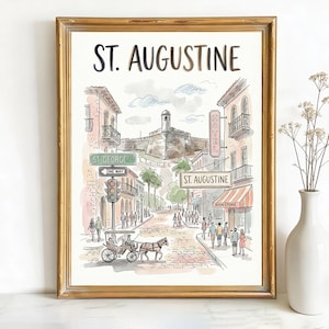 May include: Watercolor print of St. Augustine, Florida, in a gold frame. The artwork depicts a street scene with buildings, a fort, and a horse-drawn carriage. The words "ST. AUGUSTINE" are at the top.