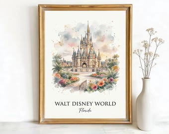 Orlando Florida Cinderella Castle Art, Canvas or Poster, Ink Watercolor Sketch Decor, Living Room Bedroom Kids Room Wall Art, Tan Blue Gold