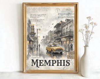 Memphis Tennessee Beale Street Art, Canvas or Poster, Vintage Travel Deco, Living Room Home Bar Airbnb Wall Art, Brown Beige Yellow Black