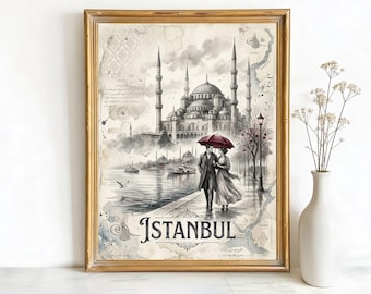 Istanbul Turkey Blue Mosque Art, Canvas or Poster, Ink Watercolor Sketch Decor, Living Room Bedroom Entryway Wall Art, Black White Beige