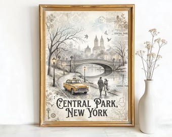 New York USA Bow Bridge Art, Canvas or Poster, Vintage Travel Deco Decor, Living Room Entryway Office Wall Art, Beige Brown Blue