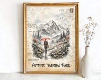 Olympic National Park Washington Mountains Art, Canvas or Poster, Ink Wash Decor, Living Room Vacation Home Study Wall Art, Grey Brown Sage