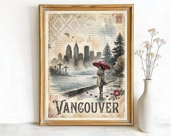 Vancouver British Columbia City Skyline Art, Canvas or Poster, Ink Watercolor Sketch Decor, Living Room Entryway Wall Art, Grey Red Blue