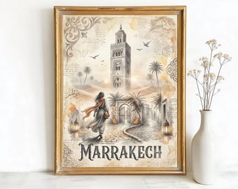 Marrakech Morocco Koutoubia Mosque Minaret Art, Canvas or Poster, Vintage Letterpress Decor, Living Room Bedroom Entryway Wall Art, Brown