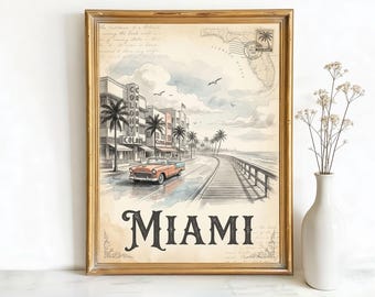 Miami Florida Art Deco Architecture Art, Canvas or Poster, Vintage Travel Deco Decor, Living Room Vacation Home Bedroom Wall Art, Beige Blue