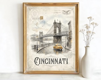 Cincinnati Ohio John A. Roebling Suspension Bridge Art, Canvas or Poster, Vintage Travel Deco Decor, Entryway Office Wall Art, Black Grey