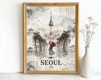 Seoul South Korea N Seoul Tower Art, Canvas or Poster, Ink Wash Decor, Living Room Bedroom Office Wall Art, Beige Grey Red