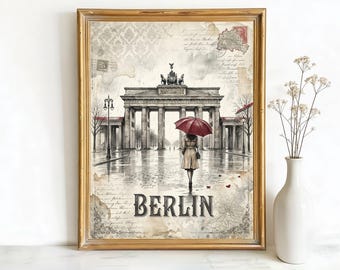 Berlin Germany Brandenburg Gate Art, Canvas or Poster, Vintage Letterpress Decor, Living Room Entryway Study Wall Art, Beige Black Red Grey