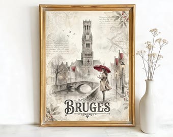 Bruges Belgium Belfry of Bruges Art, Canvas or Poster, Watercolor Splatter Decor, Living Room Bedroom Entryway Wall Art, Beige Brown Red