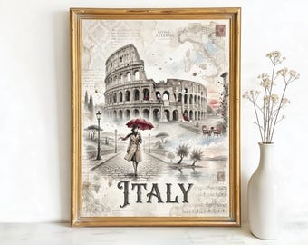 Rome Italy Colosseum Art, Canvas or Poster, Vintage Travel Deco Decor, Vacation Home Living Room Study Entryway Wall Art, Grey Red Cream