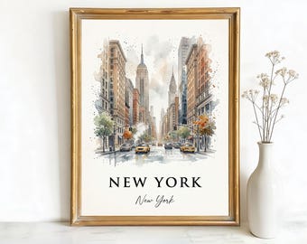New York USA Empire State Building Art, Canvas or Poster, Ink Watercolor Sketch Decor, Living Room Office Entryway Wall Art, Blue Brown