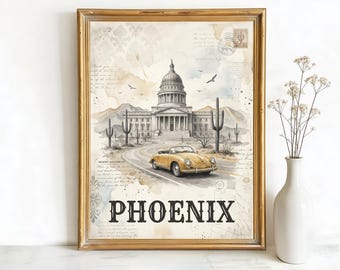 Phoenix Arizona State Capitol Building Art, Canvas or Poster, Ink Wash Decor, Living Room Vacation Home Study Wall Art, Beige Grey Brown