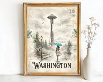 Seattle Washington Space Needle Art, Canvas or Poster, Vintage Travel Deco, Living Room Entryway Vacation Home Wall Art, Blue Grey Beige