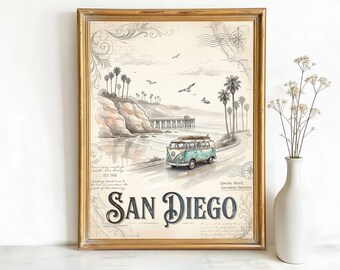 San Diego California Pier Art, Canvas or Poster, Vintage Travel Deco, Living Room Bedroom Airbnb Entryway Wall Art, Blue Teal Grey Brown