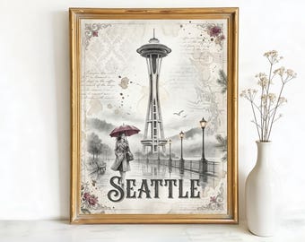 Seattle Washington Space Needle Art, Canvas or Poster, Vintage Letterpress Decor, Living Room Entryway Vacation Home Wall Art, White Grey