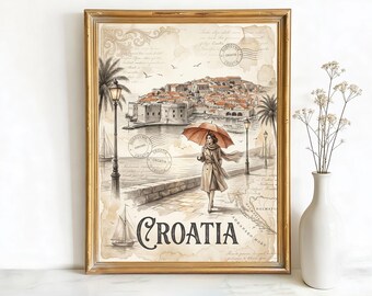 Dubrovnik Croatia Old Town Walls Art, Canvas or Poster, Vintage Travel Deco Decor, Living Room Bedroom Entryway Wall Art, Beige Brown Blue