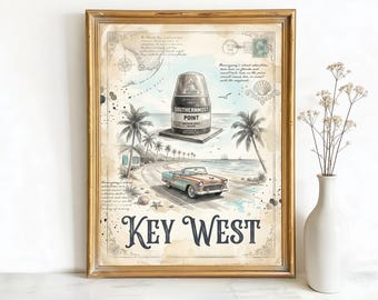 Key West Florida Southernmost Point Buoy Art, Canvas or Poster, Vintage Travel Deco Decor, Living Room Vacation Home Bedroom Wall Art, Teal