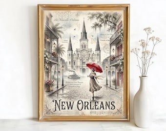 New Orleans Louisiana St. Louis Cathedral Art, Canvas or Poster, Vintage Travel Deco Decor, Living Room Entryway Vacation Home Wall Art, Red