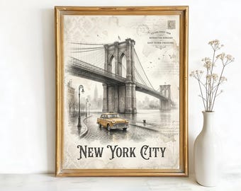 New York New Brooklyn Bridge Art, Canvas or Poster, Vintage Travel Deco Decor, Living Room Entryway Vacation Home Wall Art, Black White Grey